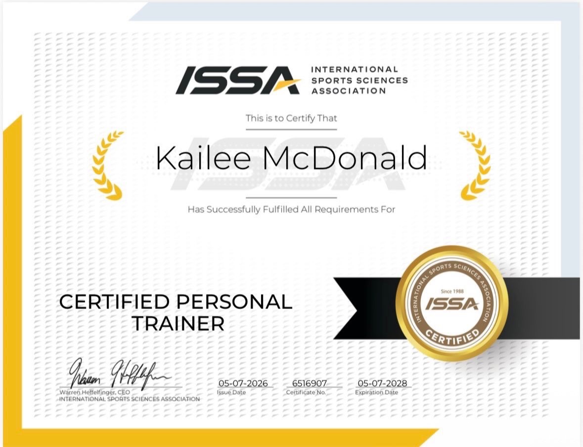 ISSA Certified Personal Trainer certificate for Kailee McDonald